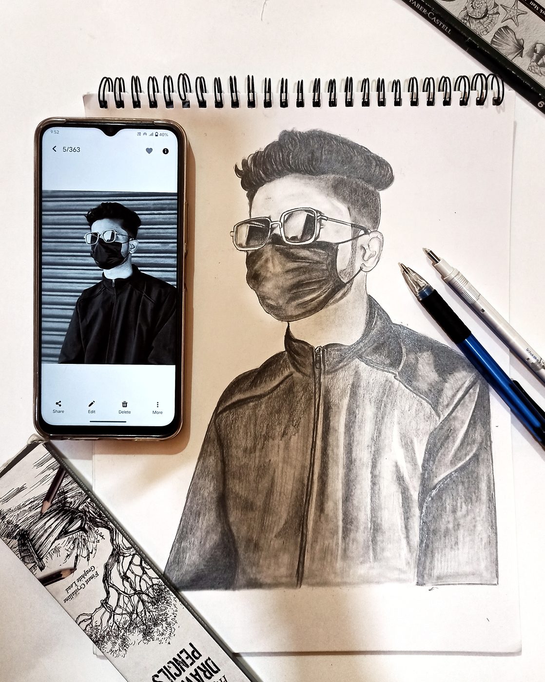 Pencil portrait of a man with sunglasses and mask, with reference photo